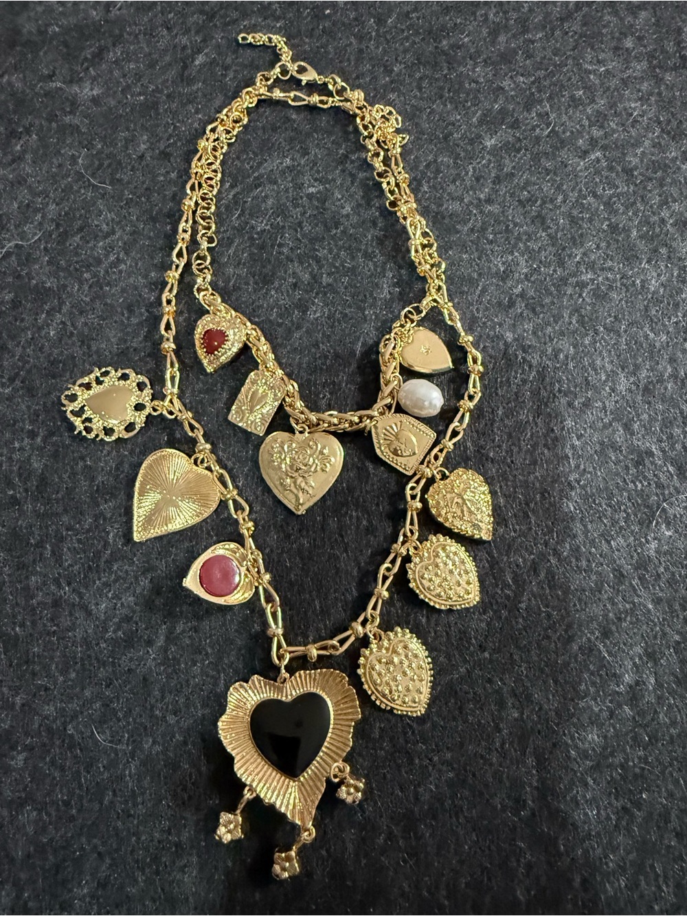 Gold Heart Charm Multi-Heart Necklace with Black and Red Accents-Set